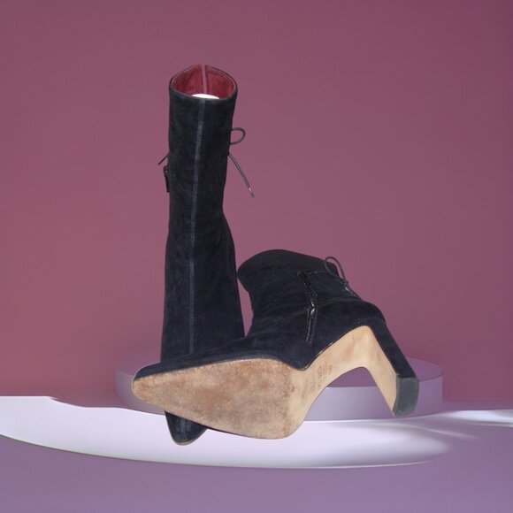 BCBG MAX AZRIA Women’s Italian Leather Lace Back Side Zip Block Heel Suede Boots - Picture 4 of 4